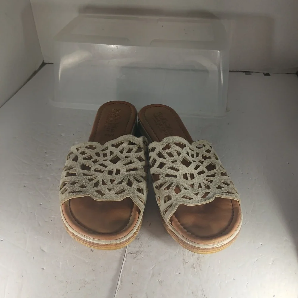Bella Vita Laser Cut Wedge Sandals 8.5N Cream Italian Leather Boho Chic